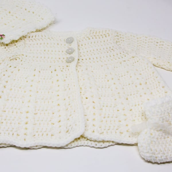 White Crocheted Baby Coat with Hat & Bootees