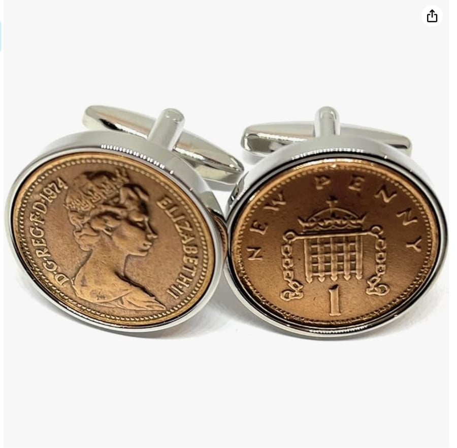 1974 50th Birthday Anniversary 1 pence coin cufflinks - One pence cufflinks from