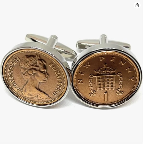 1974 50th Birthday Anniversary 1 pence coin cufflinks - One pence cufflinks from