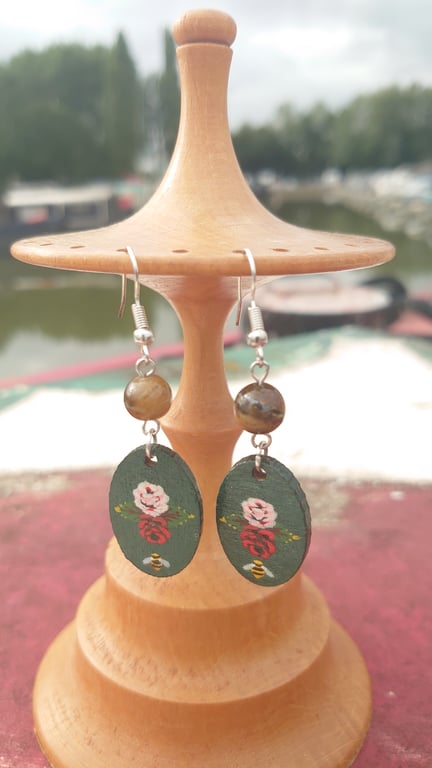 Green oval rose and castle handpainted earrings 