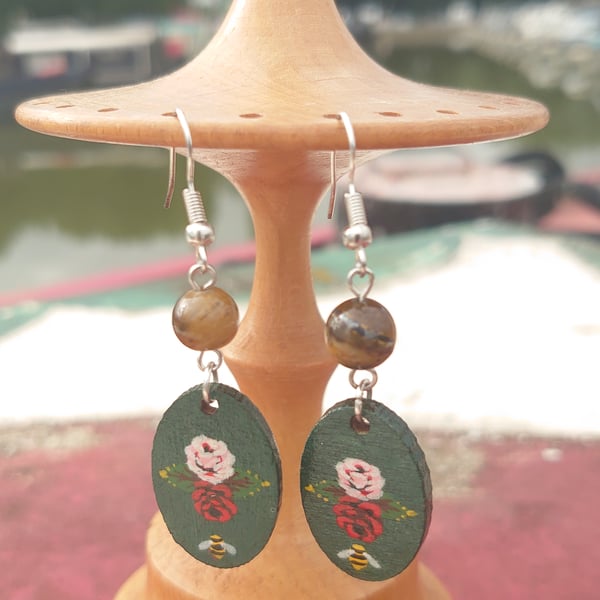 Green oval rose and castle handpainted earrings 