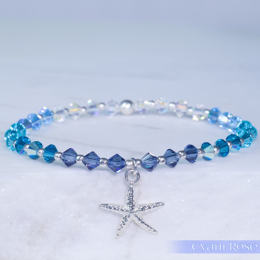 Bracelet Swarovski and Sterling Silver Starfish charm beaded in blues