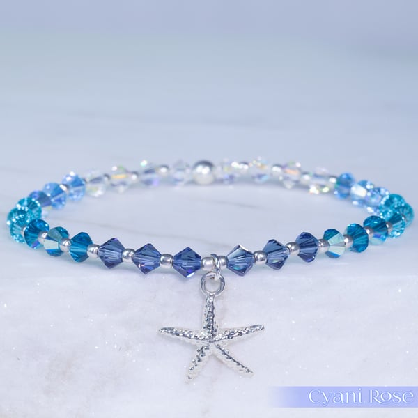 Swarovski and Sterling Silver Starfish charm beaded bracelet in blues