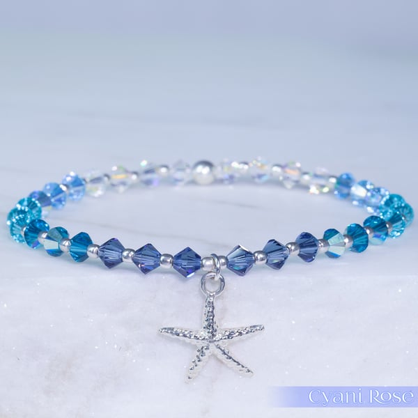 Bracelet Swarovski and Sterling Silver Starfish charm beaded in blues