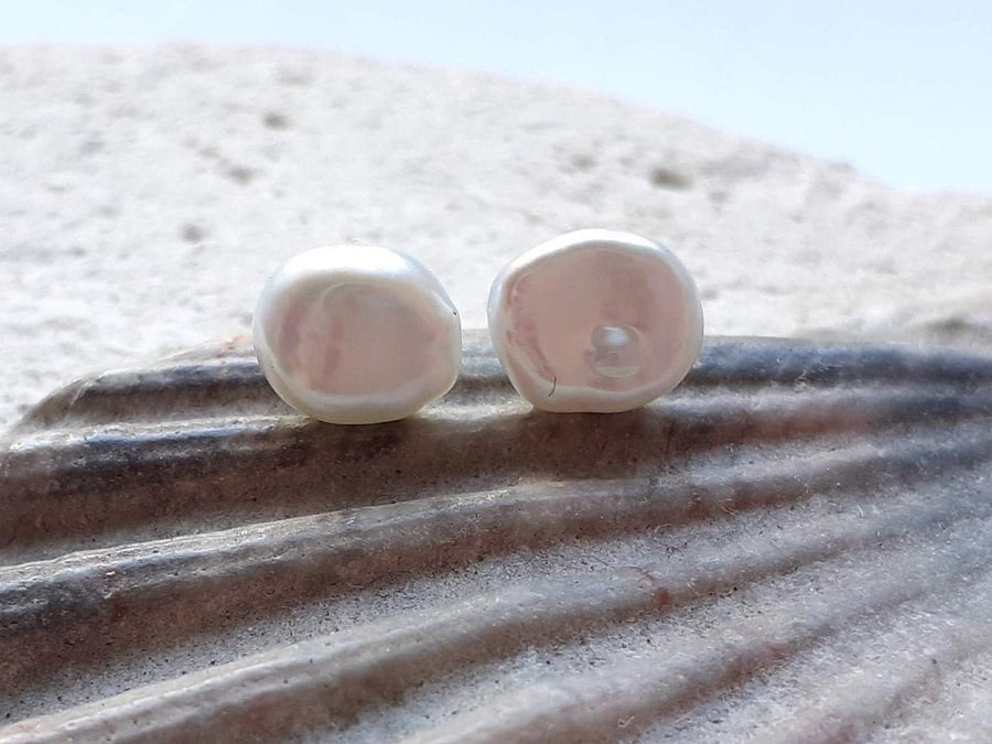 6-8mm White Baroque Pearl Stud Earrings
