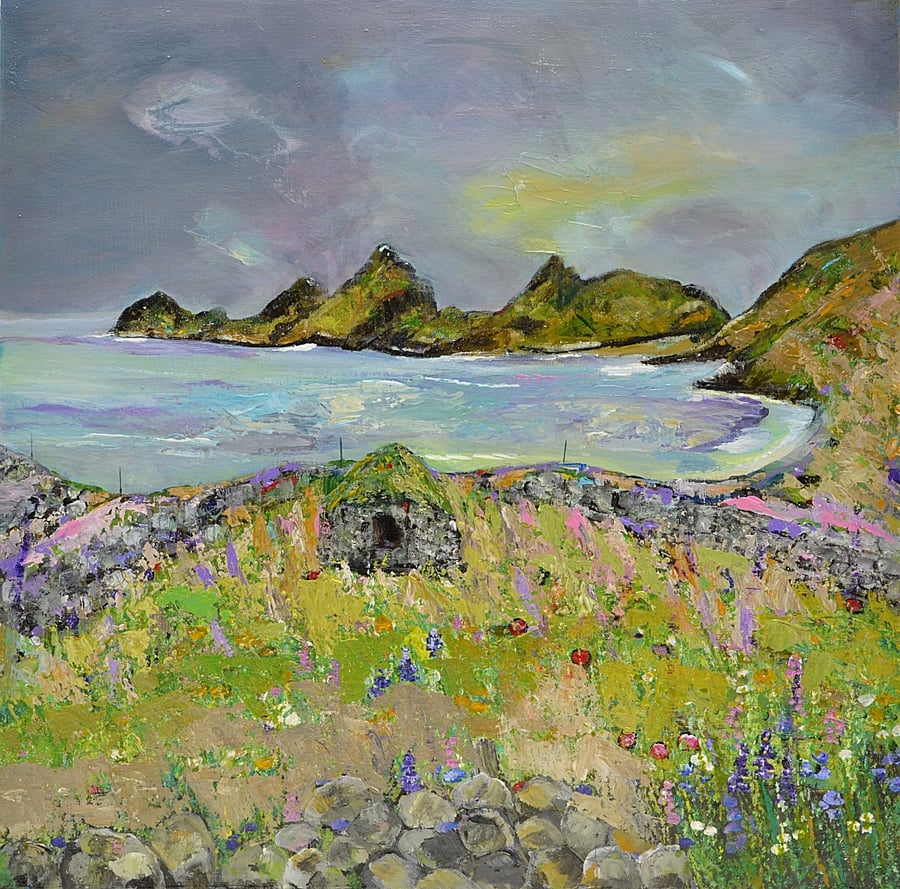 Modern Painting of Hirta, St Kilda. Ready to Hang. 12 x 12 inches.