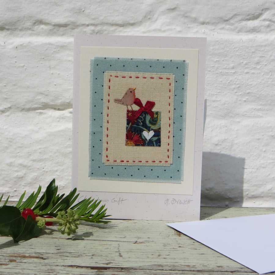 Christmas Gift, hand-stitched miniature with silk bow and applique robin