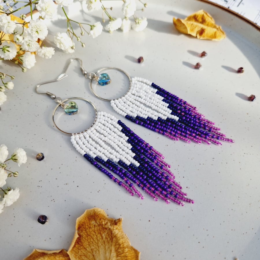 Long dangle beaded earrings Seed bead earrings Fringe earrings White and purple 