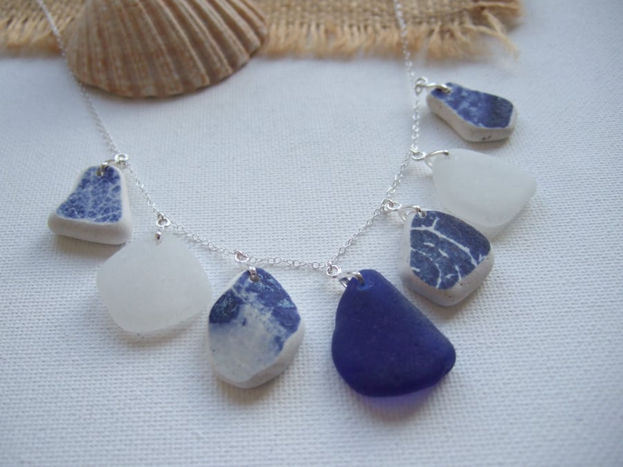 Scottish Sea Pottery and Blue Beach Glass Necklace, 18" Sterling
