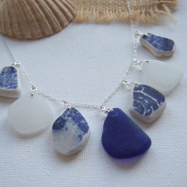 Scottish Sea Pottery and Blue Beach Glass Necklace, 18" Sterling