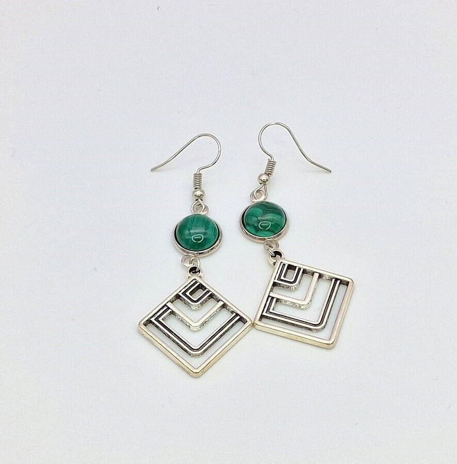 Malachite Gemstone Dangle Earrings- Silver-Plated Geometric Earrings
