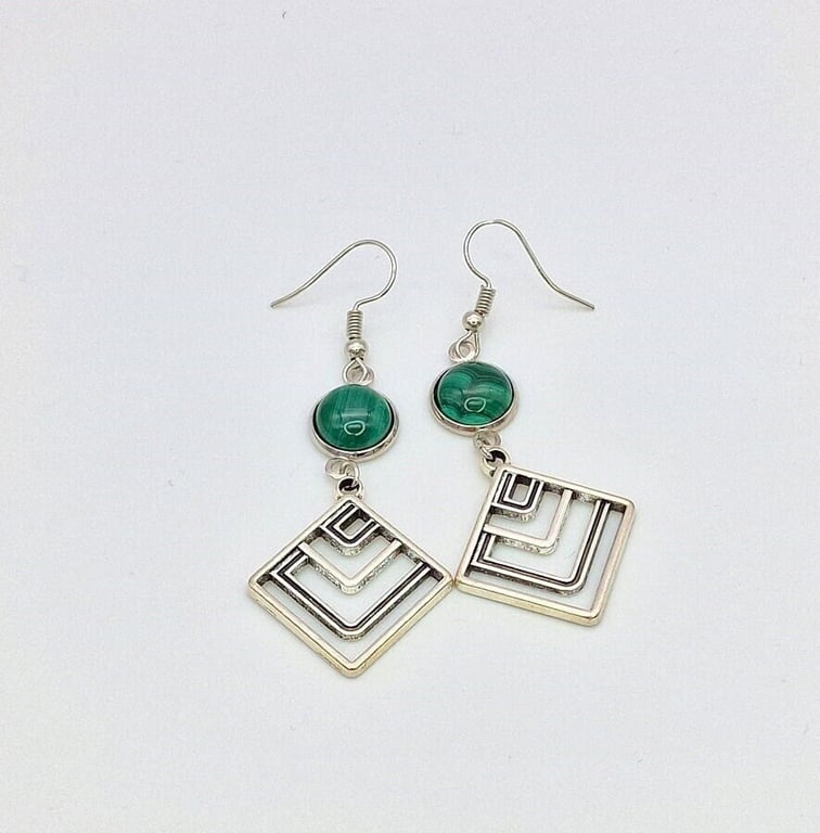 Malachite Gemstone Dangle Earrings- Silver-Plated Geometric Earrings