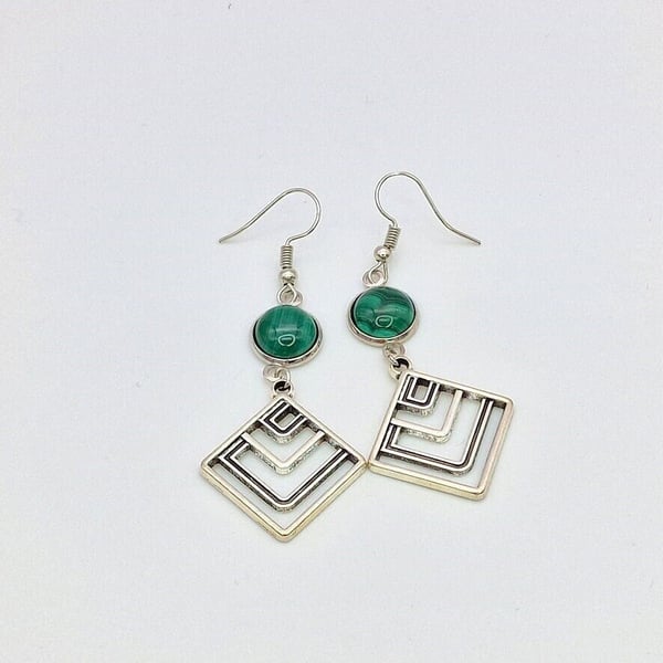 Malachite Gemstone Dangle Earrings- Silver-Plated Geometric Earrings