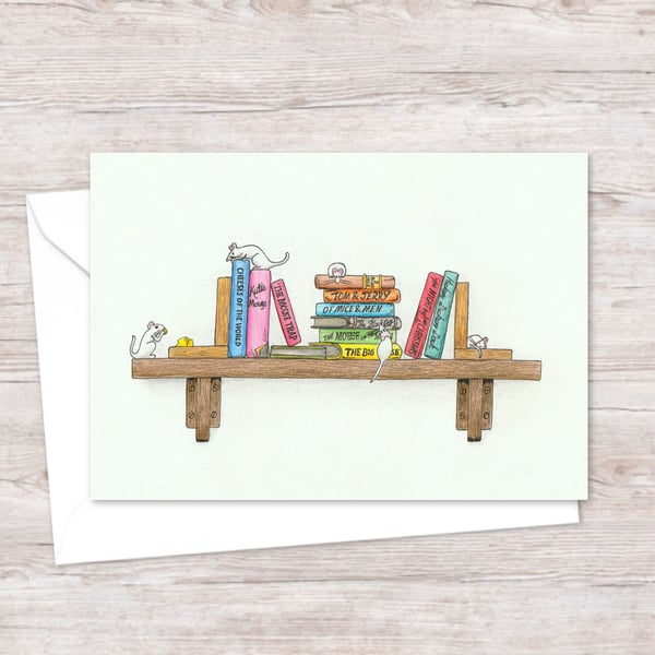 Cute Mice Greeting Card: Cute Mice on a Book Shelf Birthday Card (205)