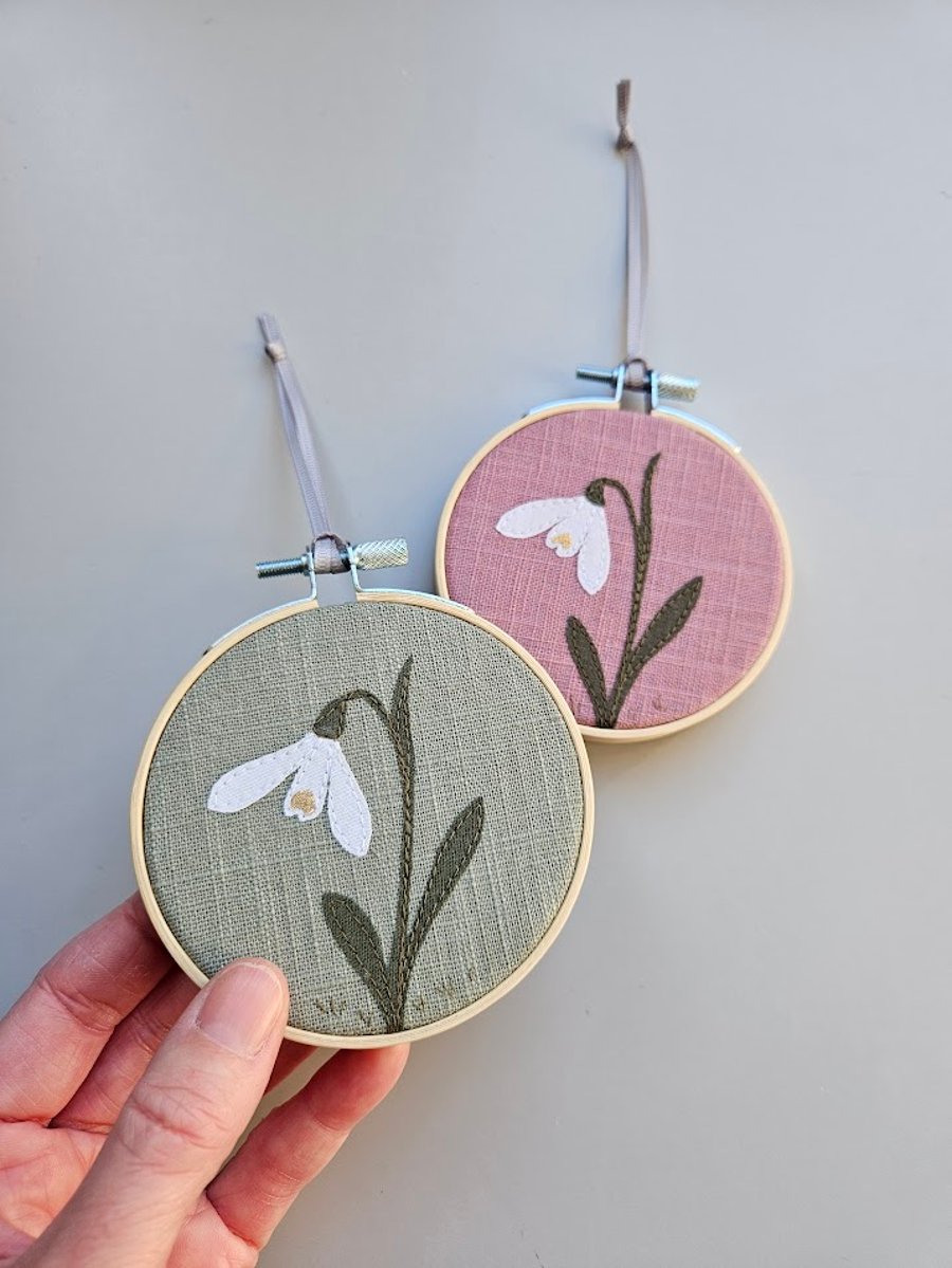 Snowdrop mini hoop, handmade hanging decoration, embroidered