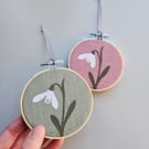 Snowdrop mini hoop, handmade hanging decoration, embroidered