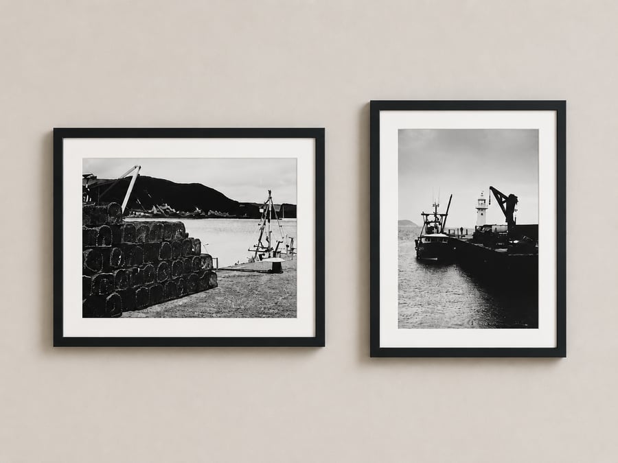 Mevagissey Black and White Coastal Print Set – Cornwall Fishing Harbour Wall Art