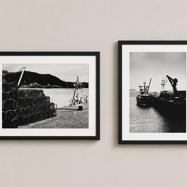 Mevagissey Black and White Coastal Print Set – Cornwall Fishing Harbour Wall Art