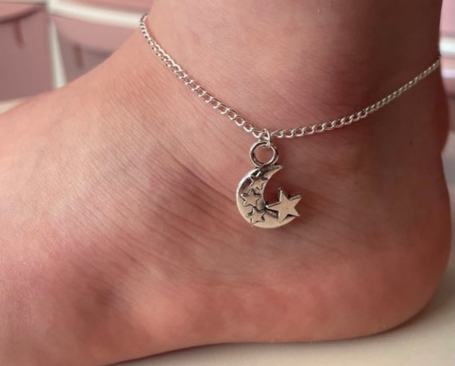 Moon and stars silvertone charm pendant anklet adults and children gift anklet 