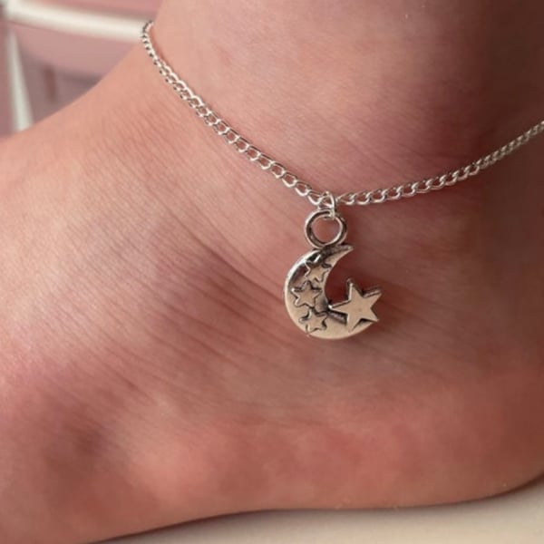 Moon and stars silvertone charm pendant anklet adults and children gift anklet 