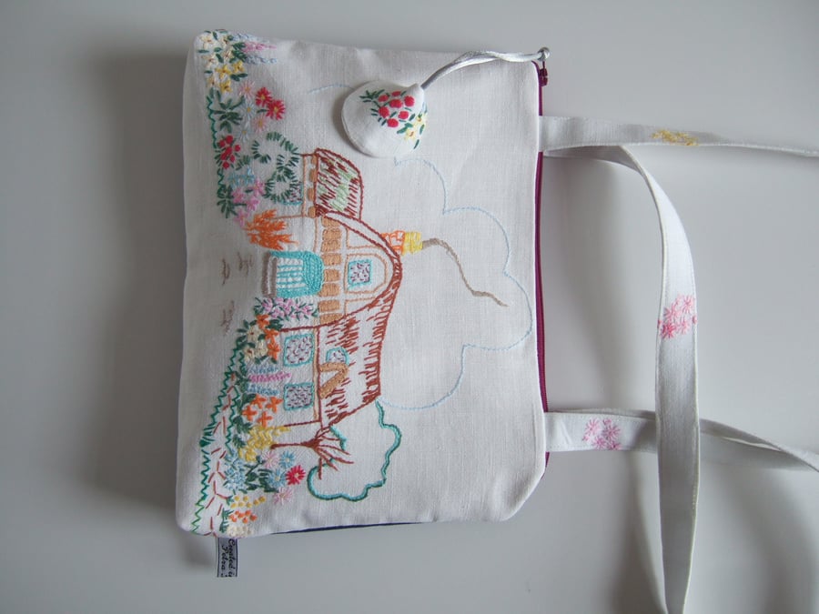 Vintage embroidery Cottage Garden special occasions handbag or shoulder bag.