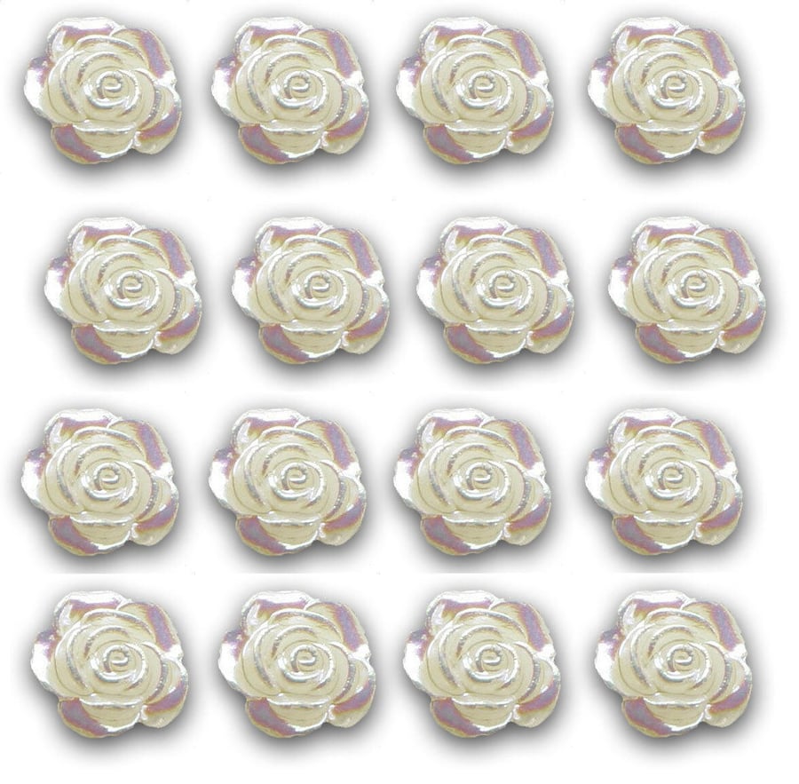 50 Round Ivory Resin Cabochon Pearl Flower Rose 12mm AB Irridescent Embellishmen