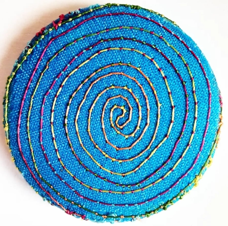 Image of 38mm Badge Hand Dyed Fabric Floral badge with Free Machine Embroidery 