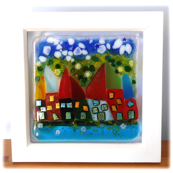Wonky Cottage Row Fused Glass Picture Box Framed 003