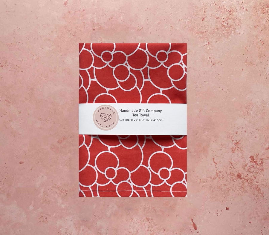 Fabric Handmade Pretty Cotton Tea Towel with a Red Bubbles Design