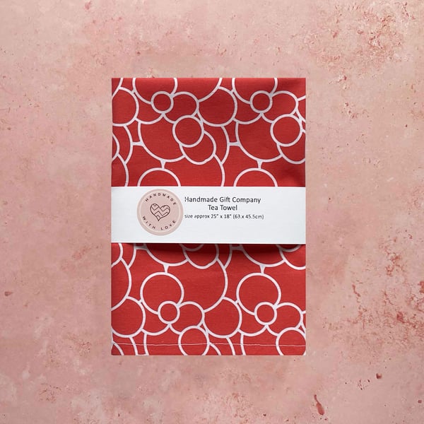 Fabric Handmade Pretty Cotton Tea Towel with a Red Bubbles Design