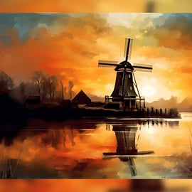 Windmill at Sunrise, Lakeside Watercolor Painting Print, Countryside Themed 5x7