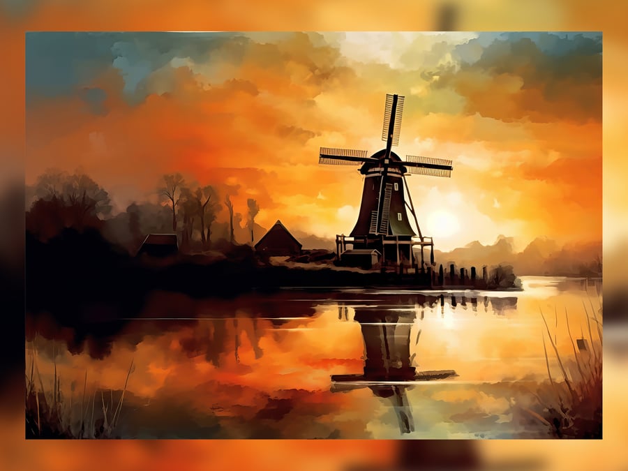 Windmill at Sunrise, Lakeside Watercolor Painting Print, Countryside Themed 5x7