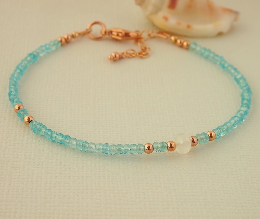 Aqua Apatite Gemstone Bead Bracelet - Blue Green - Rose Gold