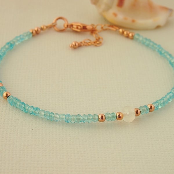 Aqua Apatite Gemstone Bead Bracelet - Blue Green - Rose Gold