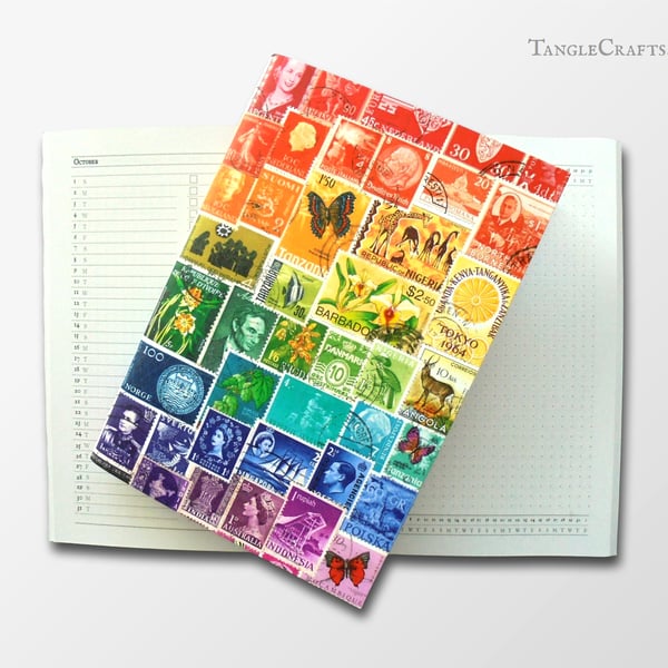 2023 Rainbow Diary, A5 size - Printed postage stamp art cover, monthly layout