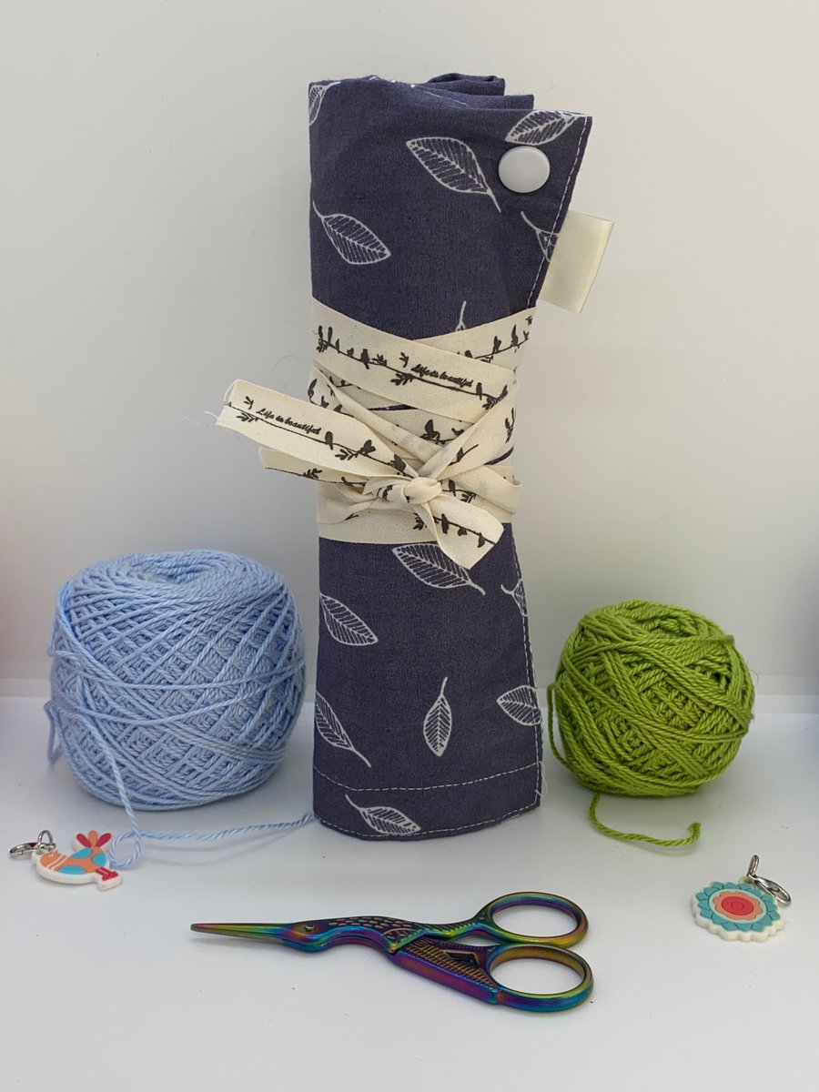 Crochet hook rollmake up brush rollpen and pencil roll. Blue leaves.