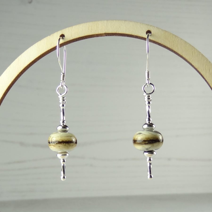 Brown mocha cream lampwork glass drop earrings, sterling silver, gift box 