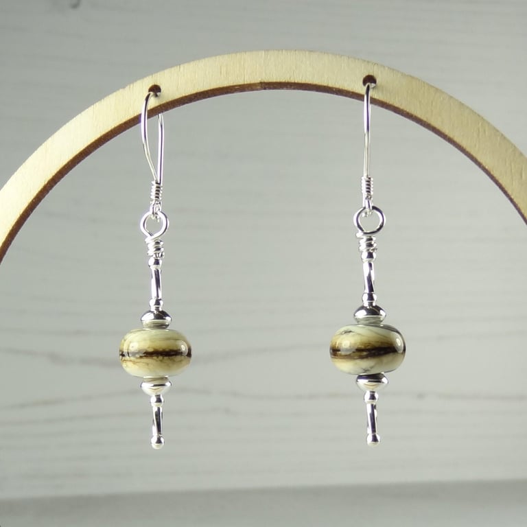 Brown mocha cream lampwork glass drop earrings, sterling silver, gift box 