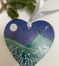 Mystical Glastonbury Tor By Moonlight Hand Painted Hanging Heart Decoration