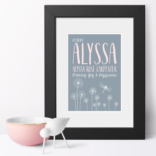 Dandelion Name Meaning Print, personalised christening gift for new baby