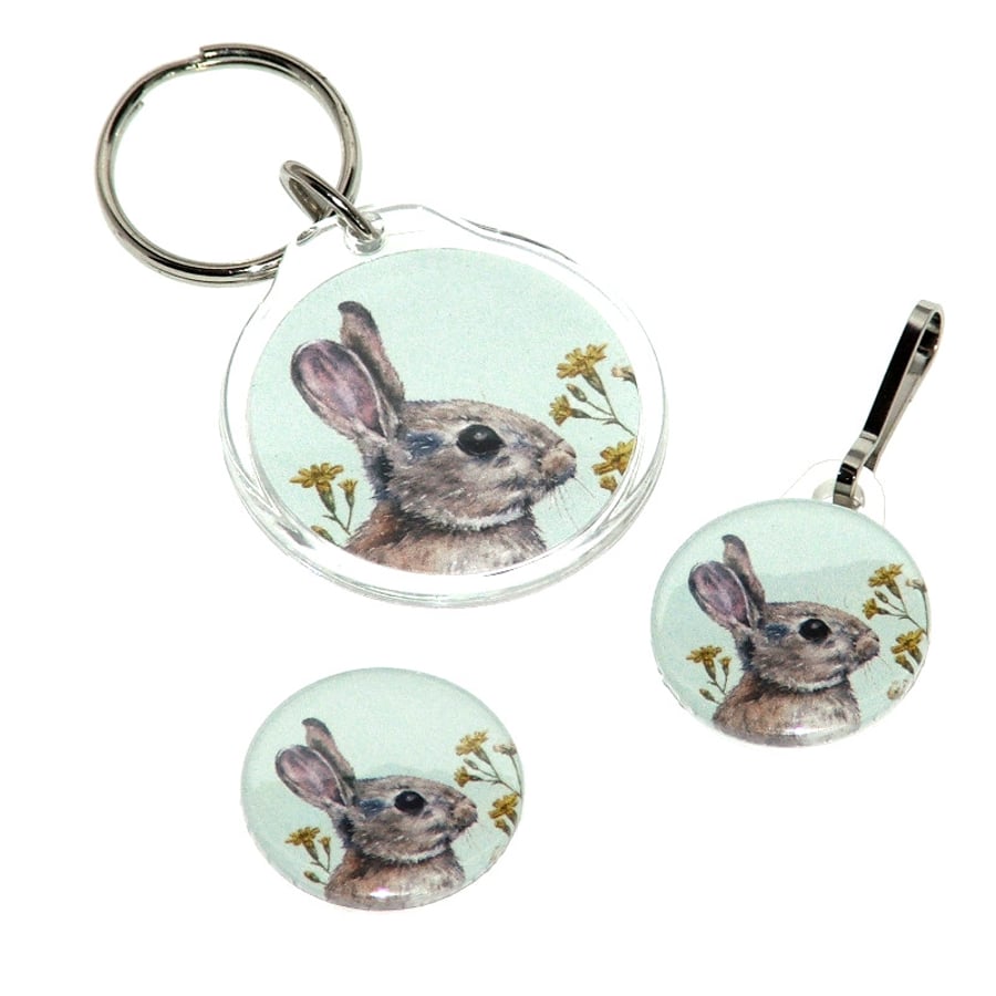 Keyring, badge and zip pull gift set - Rabbit