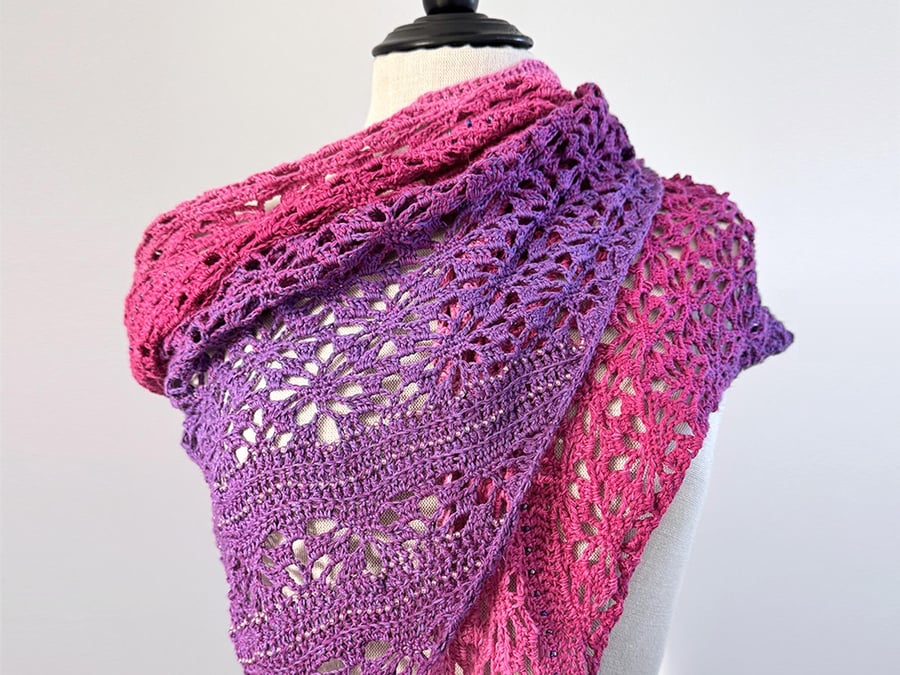 Pink and Purple Crochet Shawl with beads and tassels