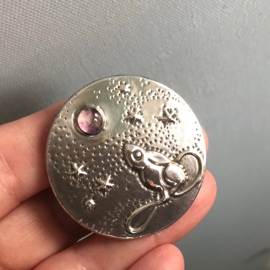 Moongazing Hare Brooch in Silver Pewter with Purple Stone
