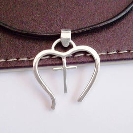 Silver Heart with cross on a black leather thong necklace, hallmarked