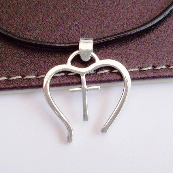 Silver Heart with cross on a black leather thong necklace, hallmarked