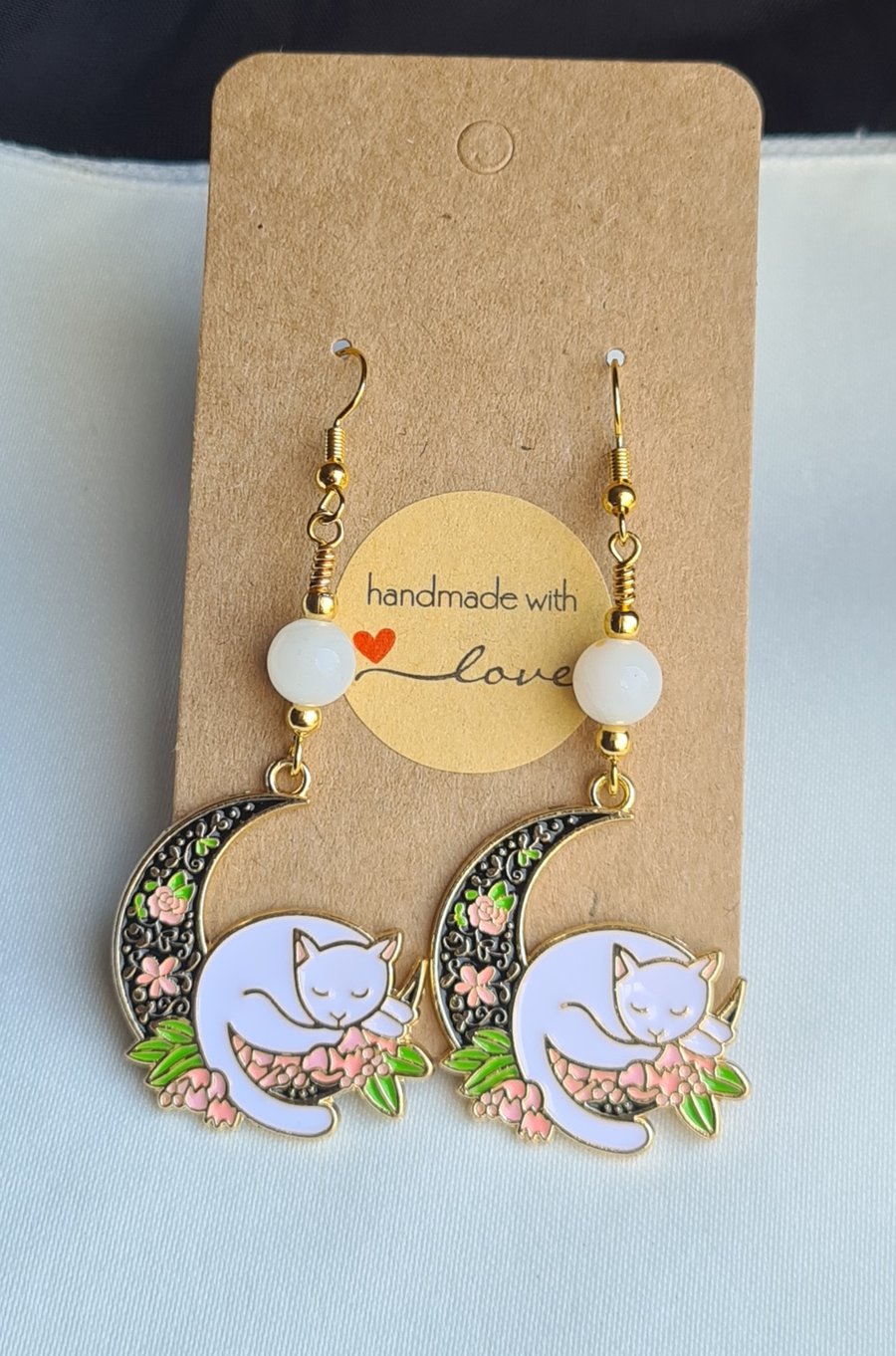 Cat Moon Earrings - White Beads