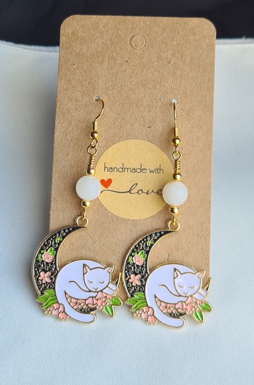 Cat Moon Earrings - White Beads