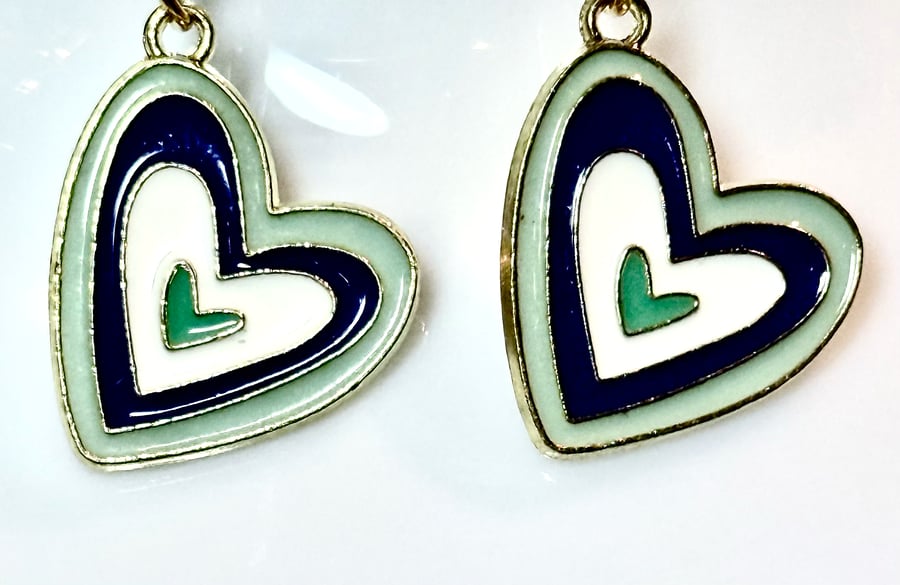 Handmade Green and Blue Tiered Heart Pendant 14K Gold-Plated Dangle Earring