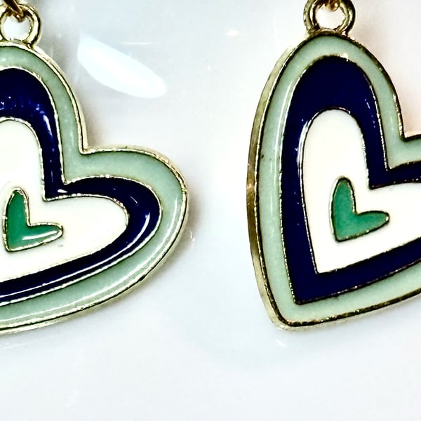 Handmade Green and Blue Tiered Heart Pendant 14K Gold-Plated Dangle Earring