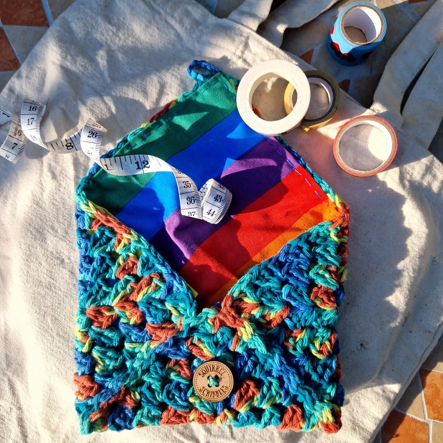 Rainbow cotton lined pouch, Small crochet hand stitched pouch, Christmas gift